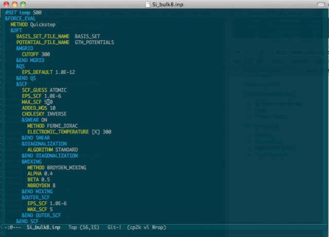 emacs screen shot for cp2k input