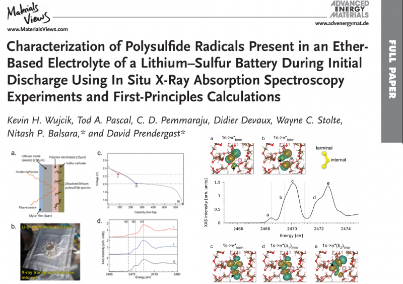 
Characterization of Polysulfide Radicals Present in an Ether-Based
Electrolyte of a Lithium–Sulfur Battery During Initial Discharge
Using In Situ X-Ray Absorption Spectroscopy Experiments and
First-Principles Calculations 
