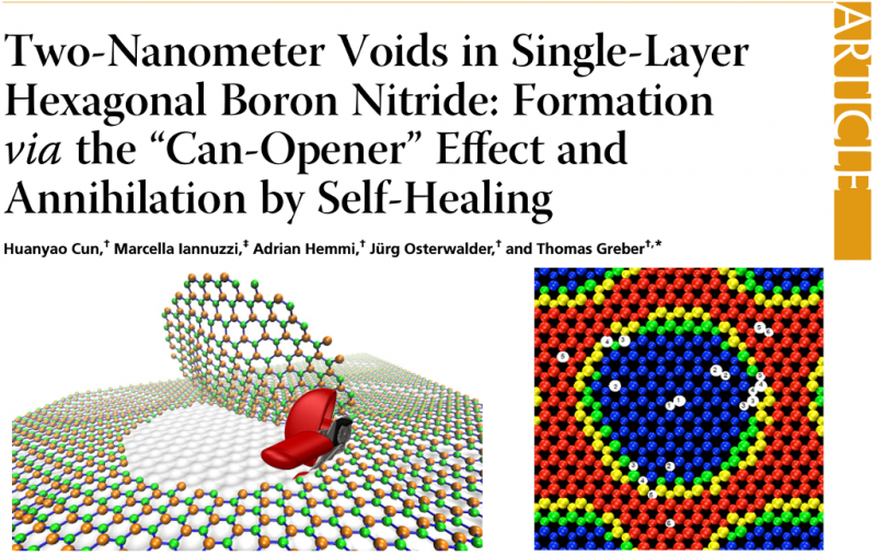  Two-Nanometer Voids in Single-Layer Hexagonal Boron Nitride: Formation via the “Can-Opener” Effect and Annihilation by Self-Healing