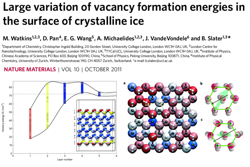  Large variation of vacancy formation energies in the surface of crystalline ice